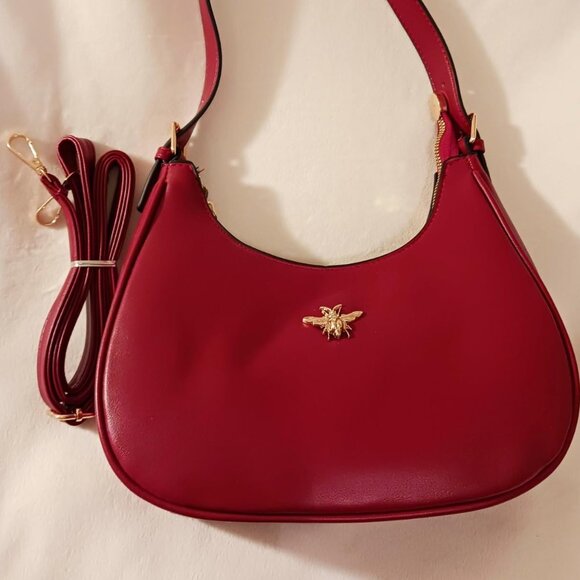 Neiman Marcus Wine Red Faux Leather Golden Bee Purse - Picture 1 of 5